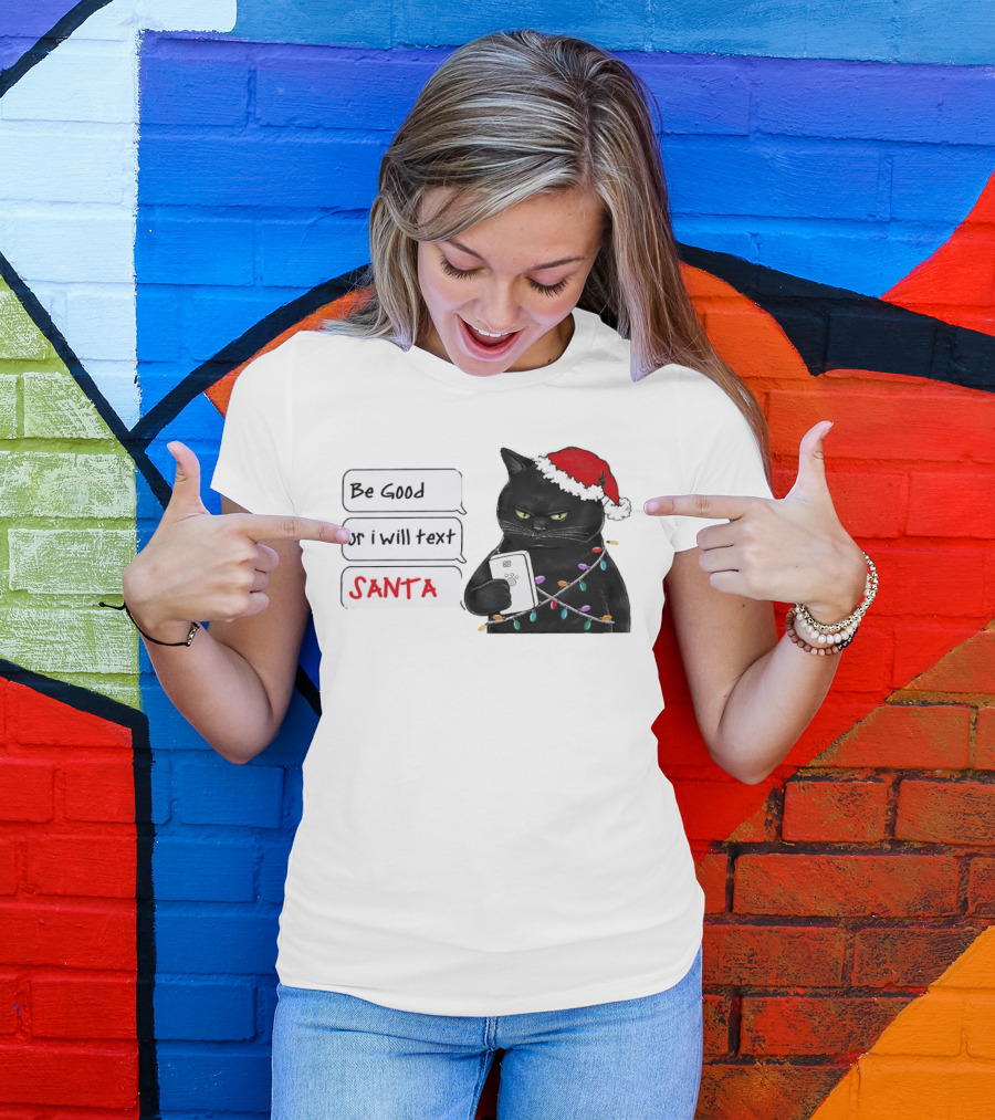 Black Cat Be Good Or I Will Text Santa Christmas Lights Hat T-Shirt