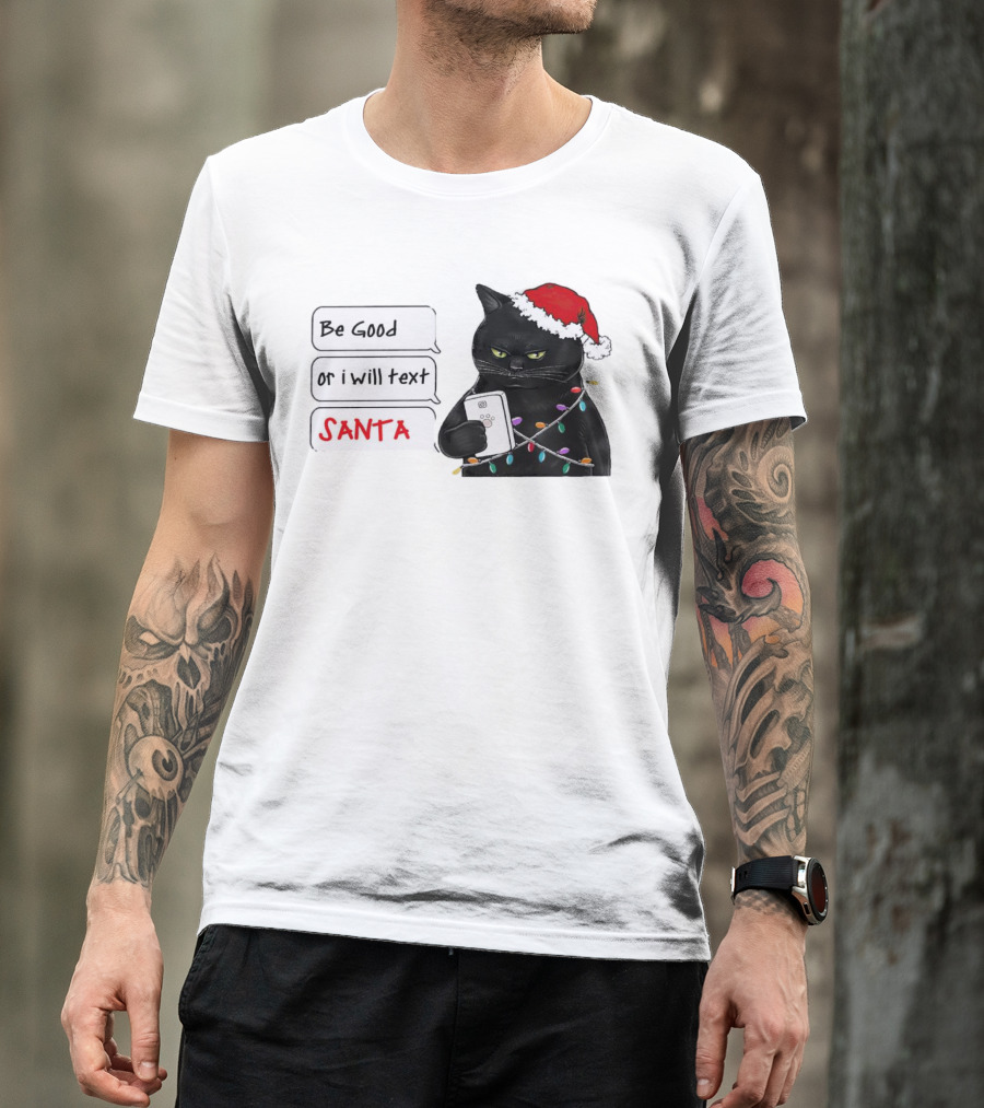 Black Cat Be Good Or I Will Text Santa Christmas Lights Hat T-Shirt