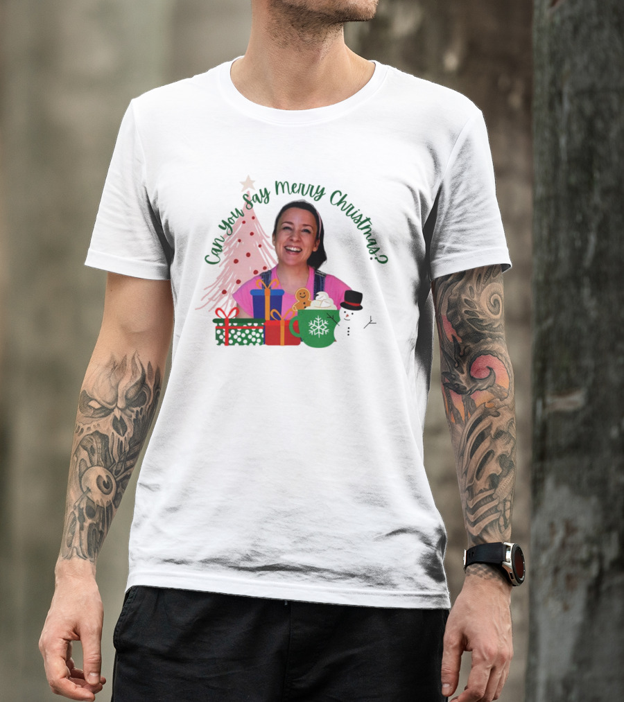 Miss Rachel Can You Say Merry Christmas Joyful Scene With Tree And Gifts T-Shirt
