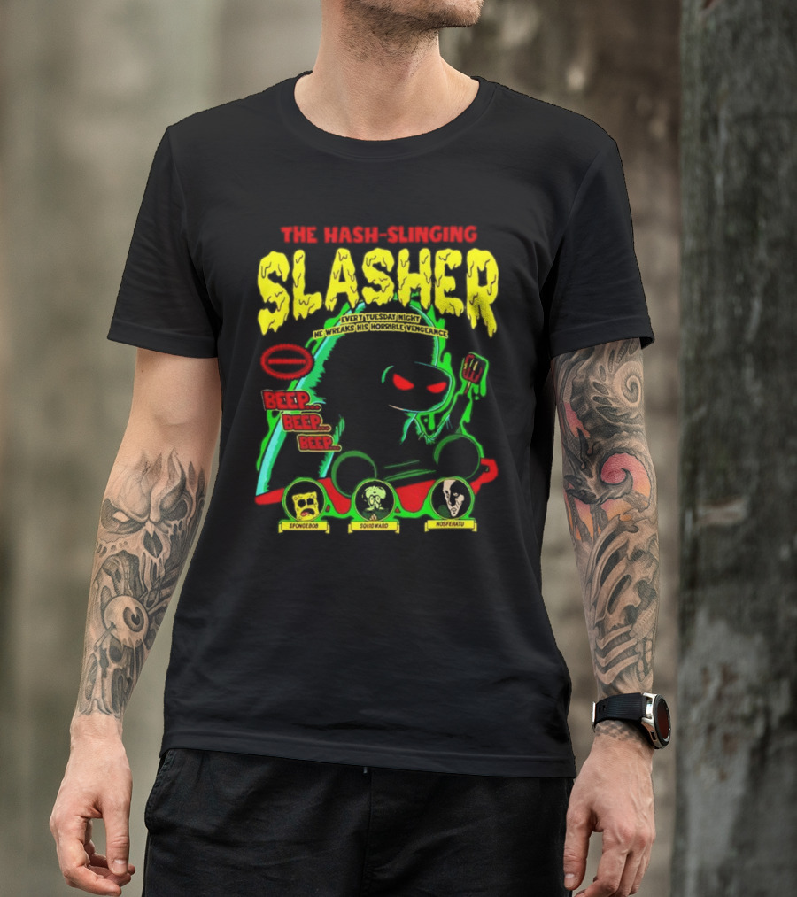 The Hash-Slinging Slasher Every Tuesday Night Beep Beep Featuring Spongebob Squidward Nosferatu T-Shirt