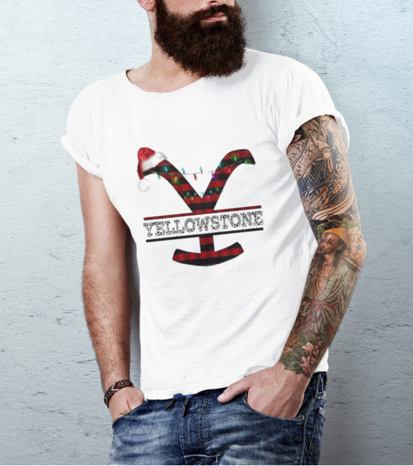 Yellowstone Christmas Santa Hat Lights Buffalo Plaid T-Shirt