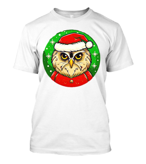 Santa Owl Cartoon Christmas Green Santa Hat Snowflakes T-Shirt