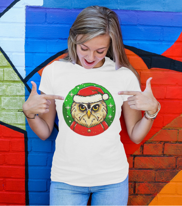 Santa Owl Cartoon Christmas Green Santa Hat Snowflakes T-Shirt