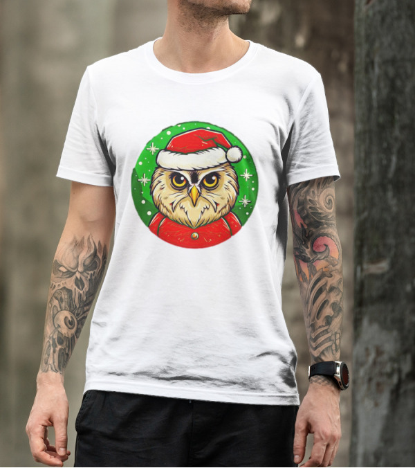 Santa Owl Cartoon Christmas Green Santa Hat Snowflakes T-Shirt