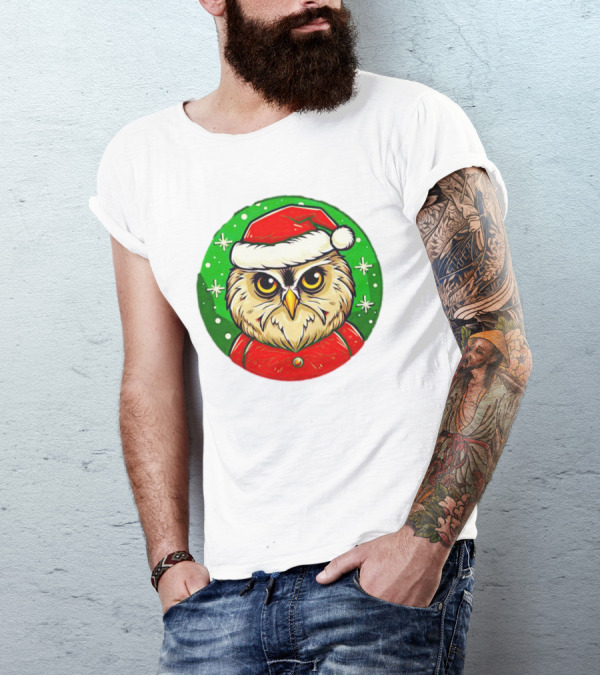 Santa Owl Cartoon Christmas Green Santa Hat Snowflakes T-Shirt
