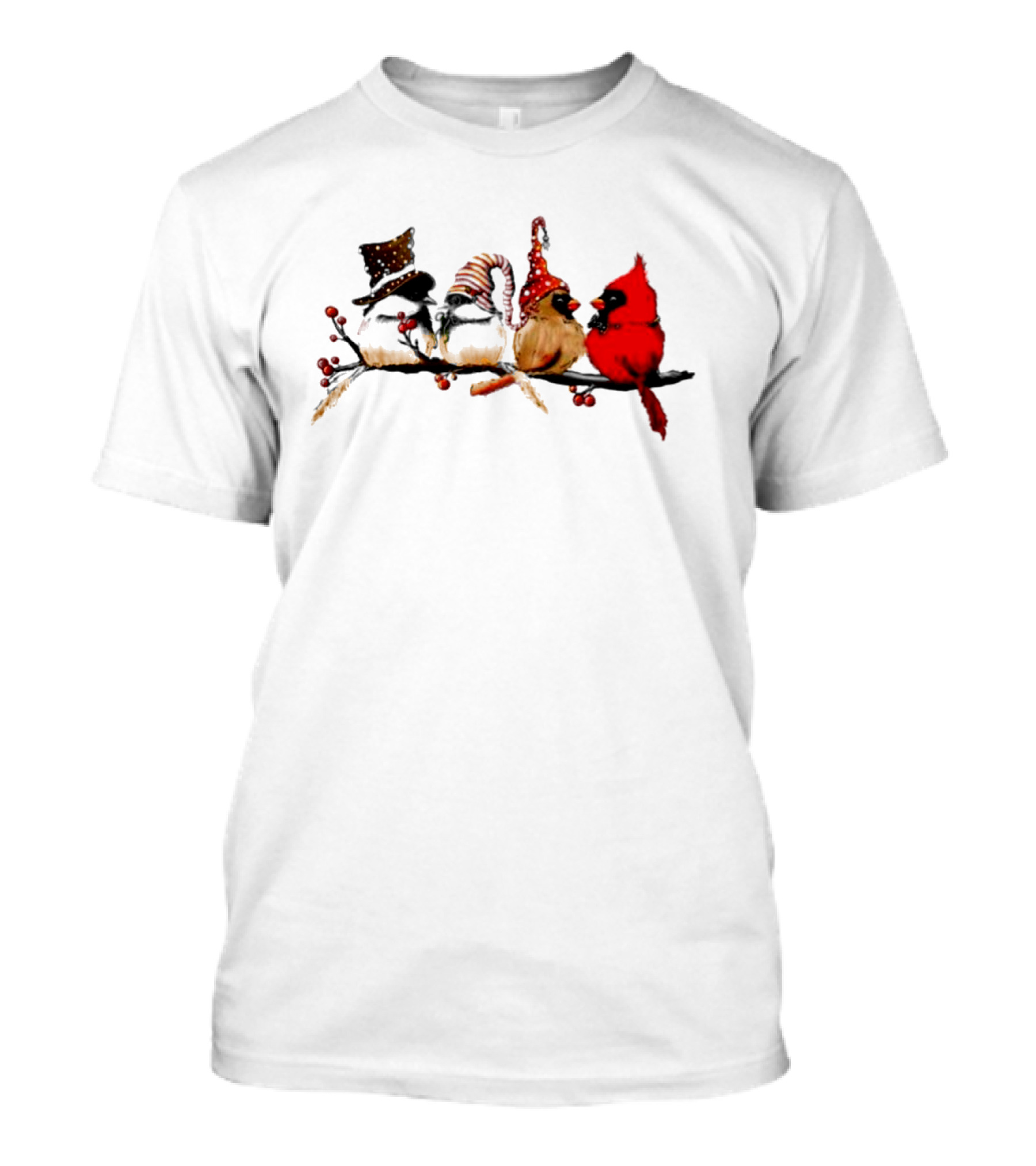 Cardinals And Chickadees On Festive Branch Merry Christmas T-Shirt