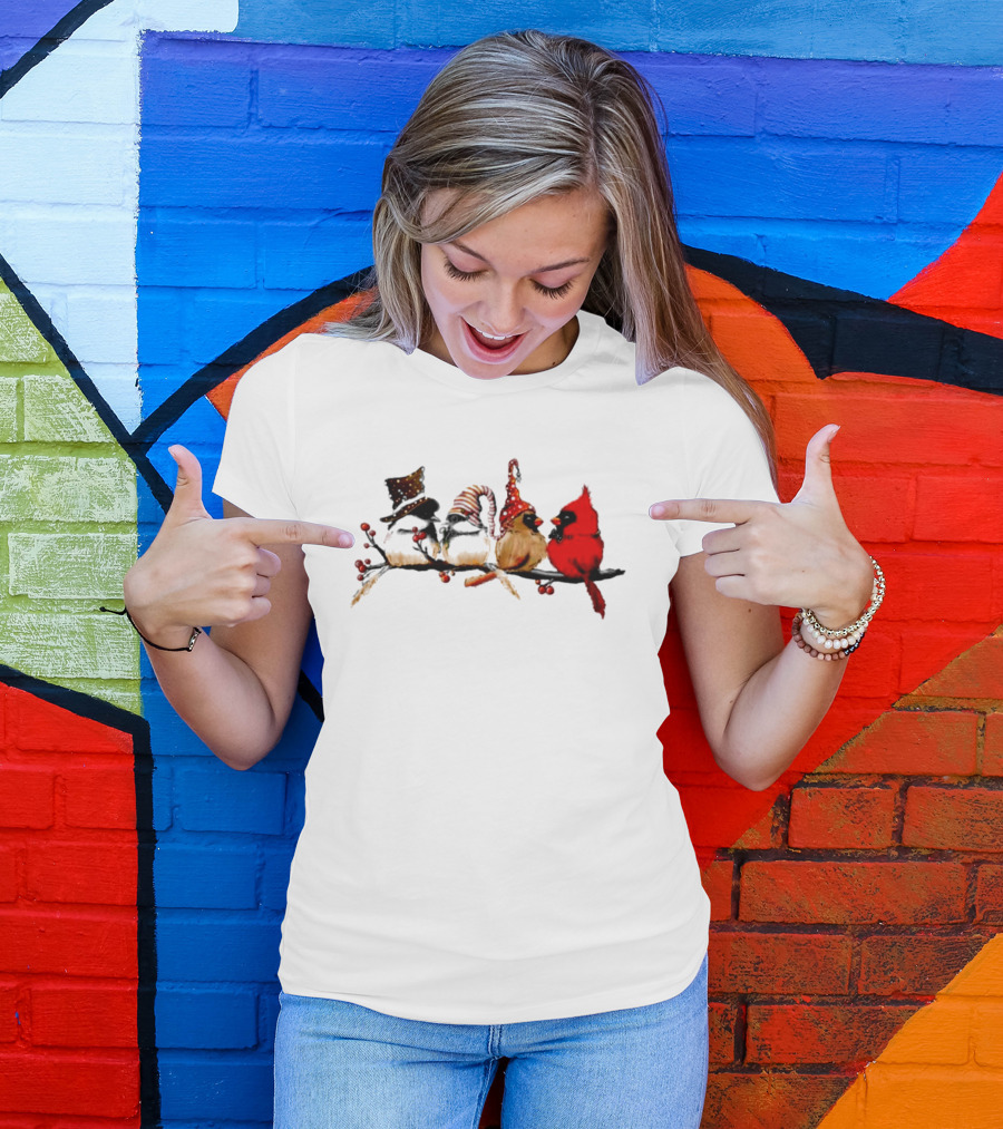 Cardinals And Chickadees On Festive Branch Merry Christmas T-Shirt