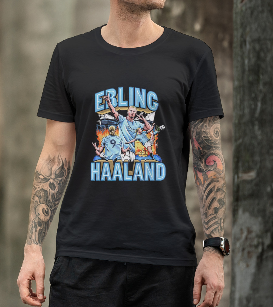 Erling Haaland MCFC Soccer Collage With Fiery Stadium Background T-Shirt