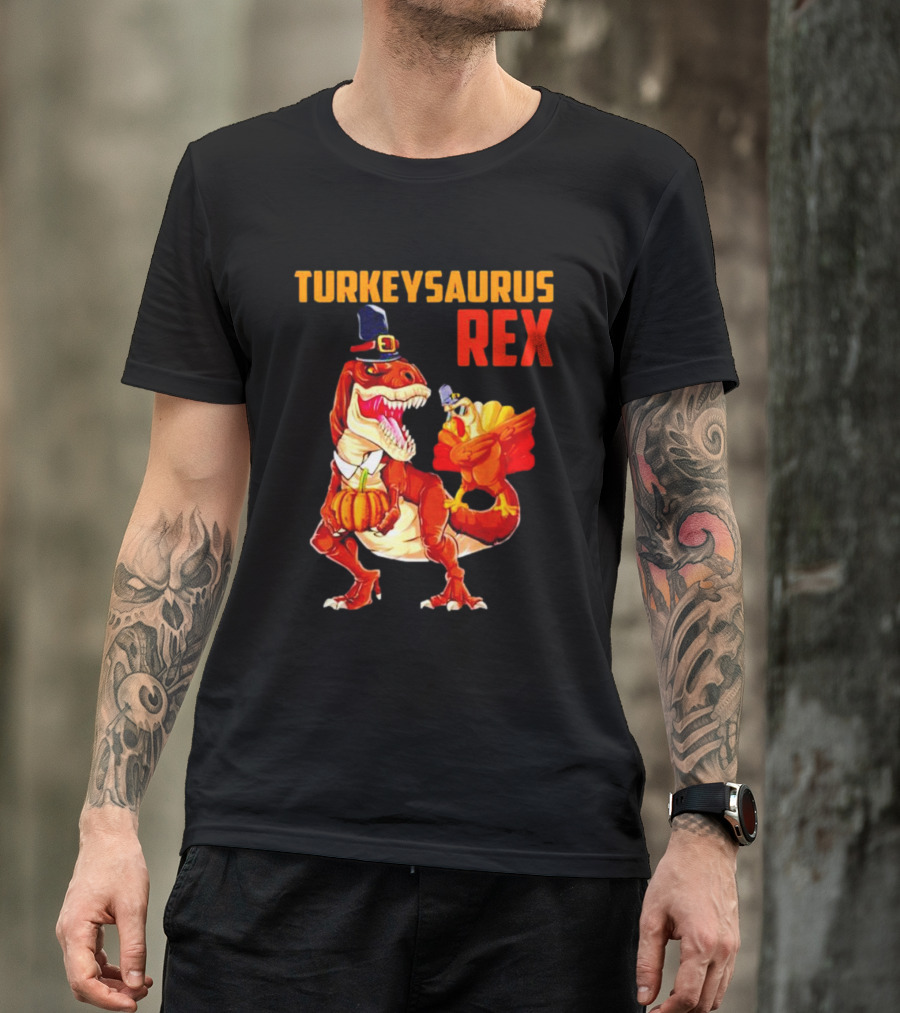 Turkeysaurus Rex Thanksgiving Dinosaur Holding Pumpkin And Turkey With Pilgrim Hat T-Shirt