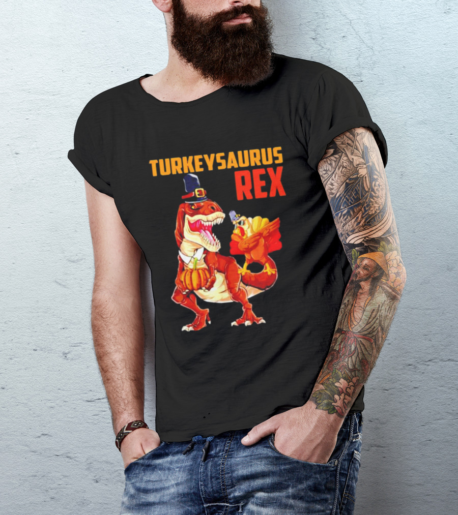 Turkeysaurus Rex Thanksgiving Dinosaur Holding Pumpkin And Turkey With Pilgrim Hat T-Shirt