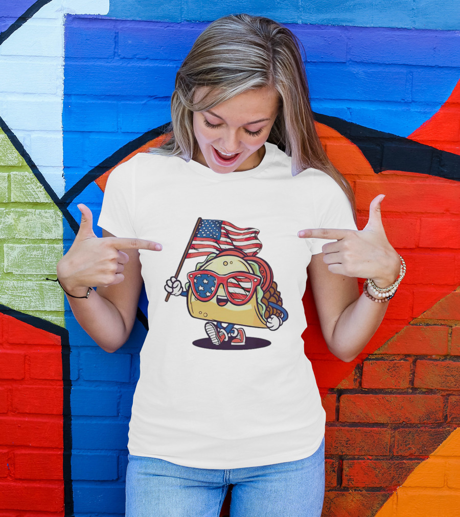 Taco American Flag 4th Of July Celebration With Sunglasses And Sneakers T-Shirt