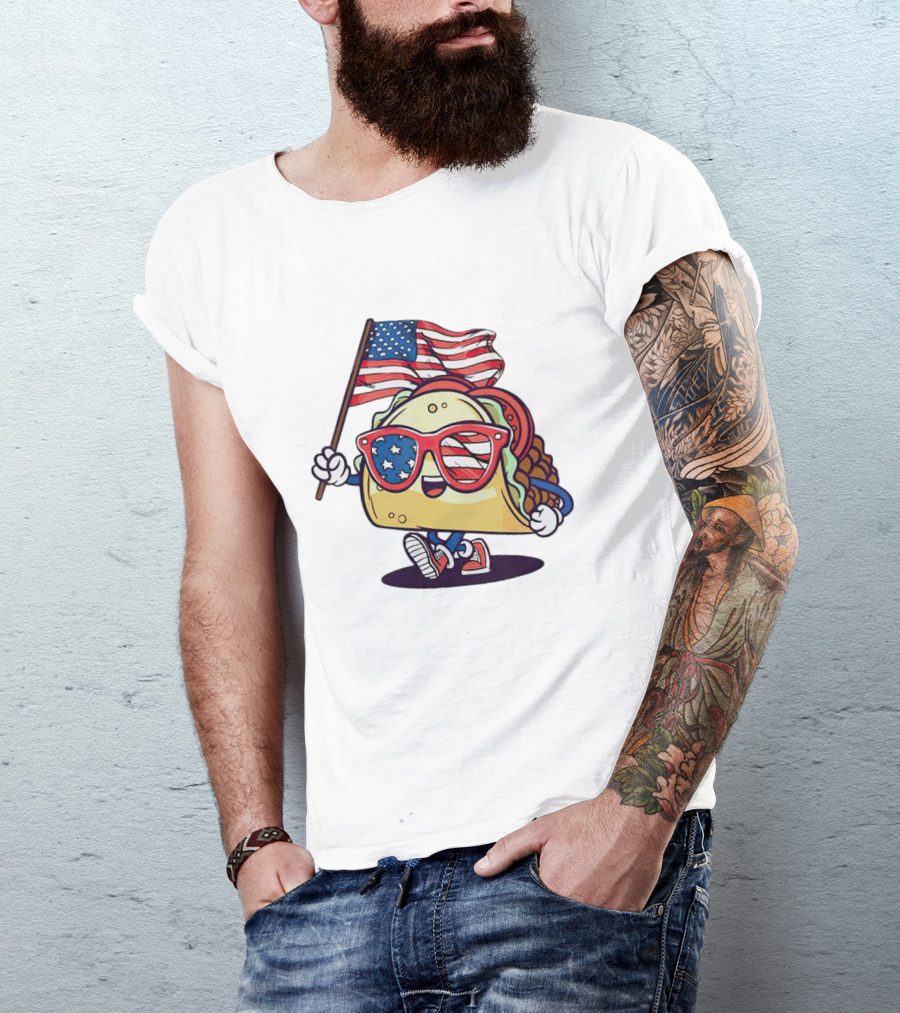 Taco American Flag 4th Of July Celebration With Sunglasses And Sneakers T-Shirt