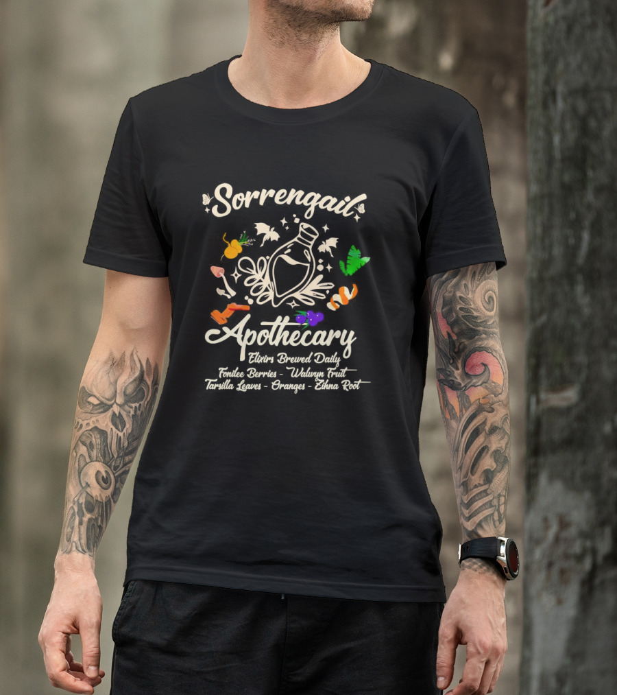 Sorrengail Apothecary Elixirs Brewed Daily Fonilee Berries Waluyn Fruit Tarsilla Leaves Oranges Zihna Root T-Shirt