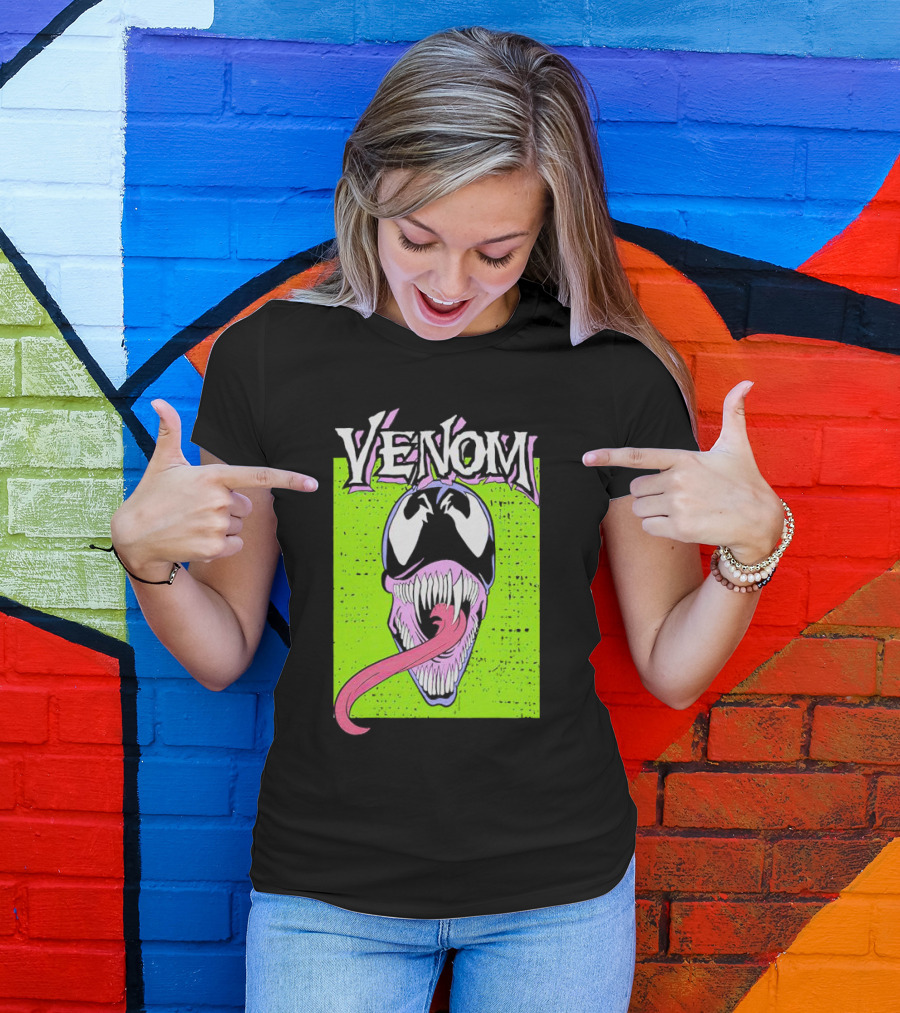 Venom Marvel Neon Pink Tongue Green Background T-Shirt
