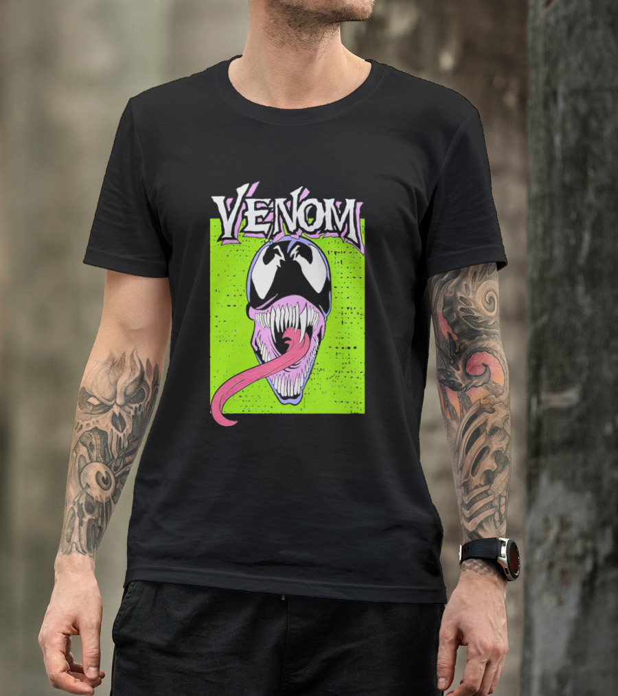 Venom Marvel Neon Pink Tongue Green Background T-Shirt