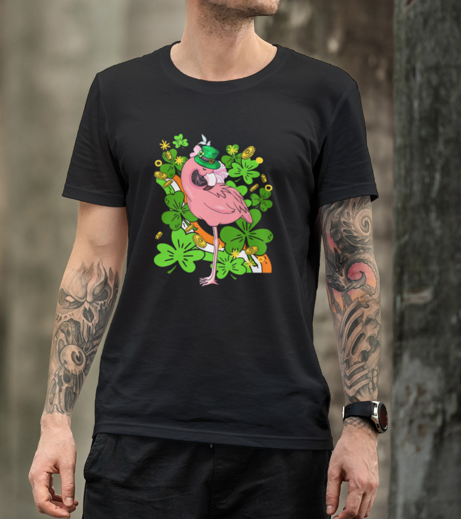 Flamingo St Patricks Day Pink Bird Shamrocks And Leprechaun Hat With Gold Coins T-Shirt