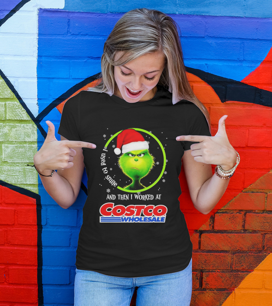 Grinch I Used To Smile And Then I Worked At Costco Wholesale Santa Hat Snowflakes T-Shirt
