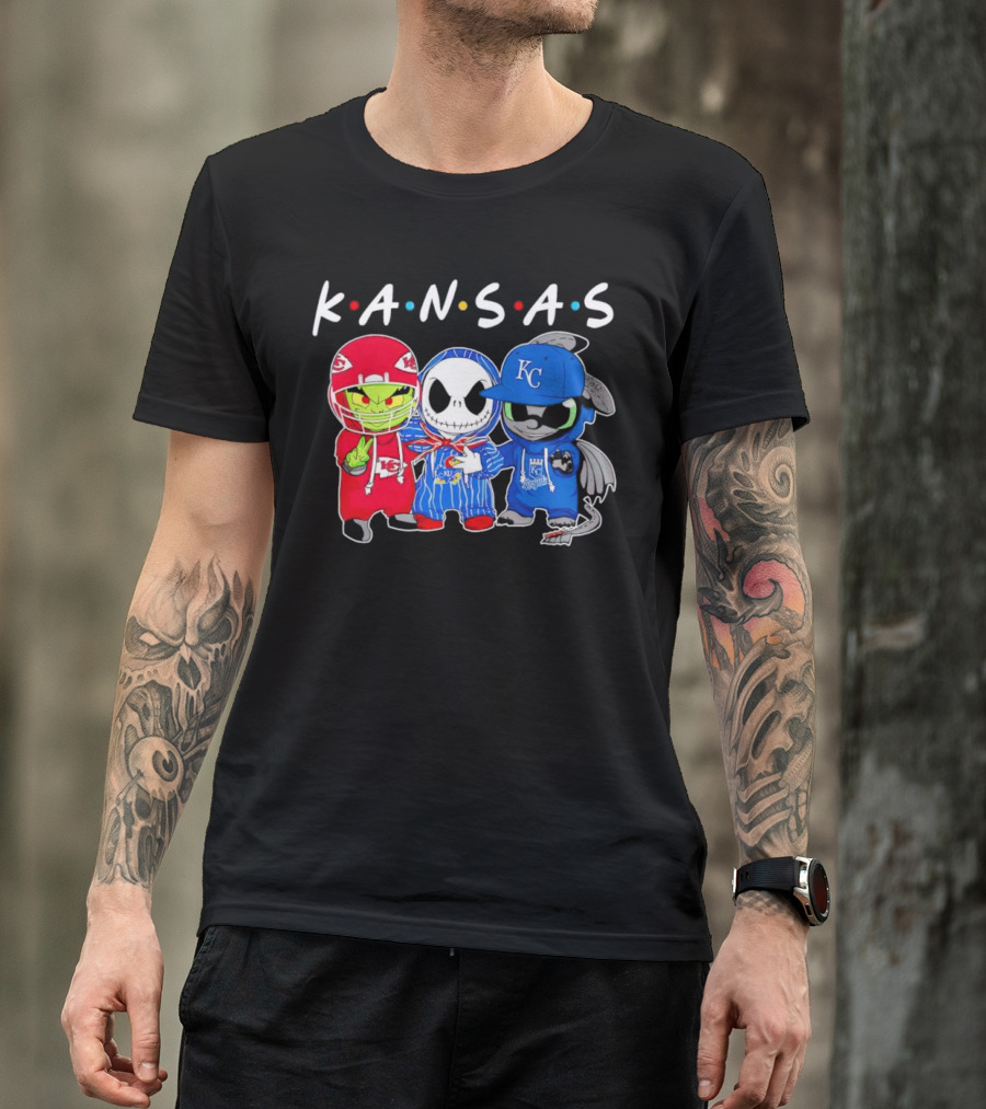 KANSAS Sports Characters Grinch Jack Skellington Toothless Chiefs Royals Jayhawks T-Shirt