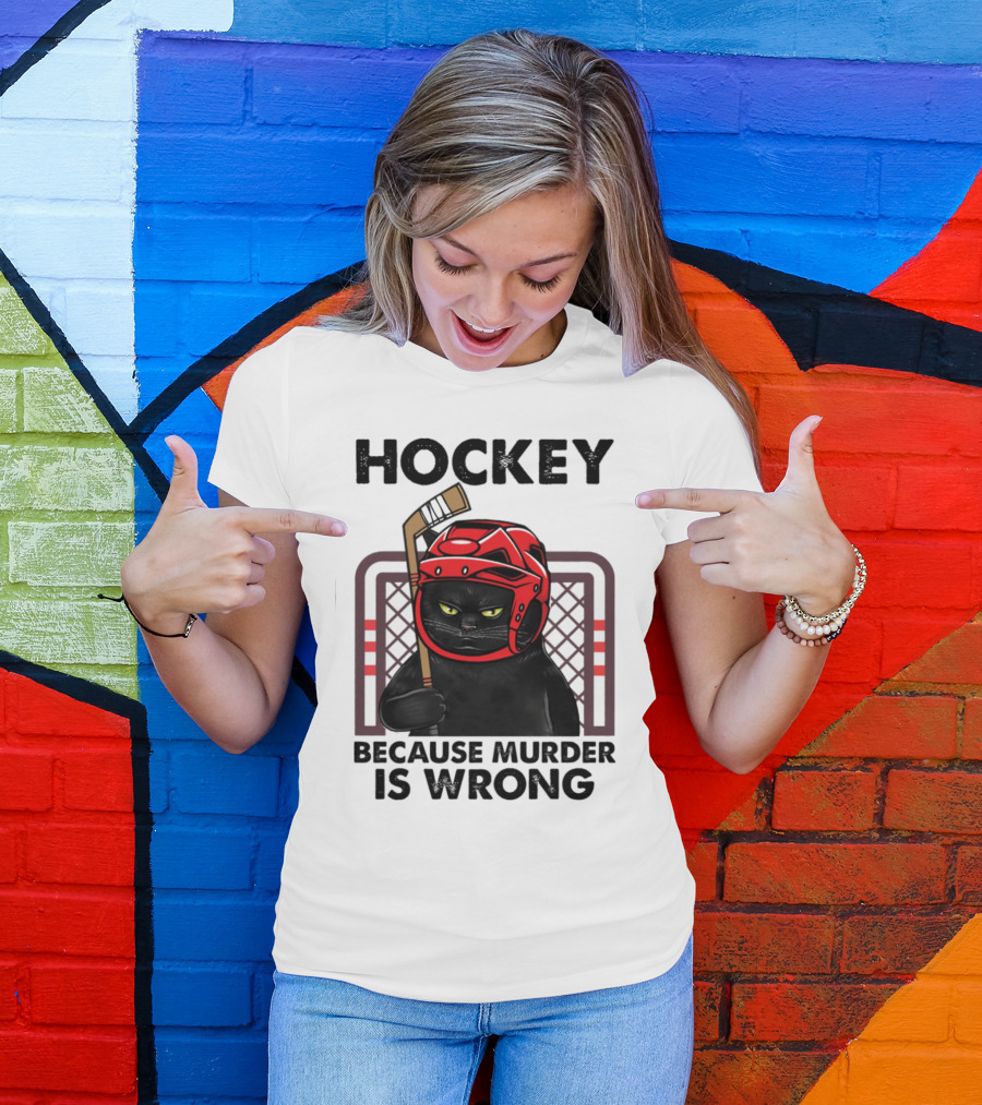 Hockey Cat In Red Helmet Because Murder Is Wrong T-Shirt