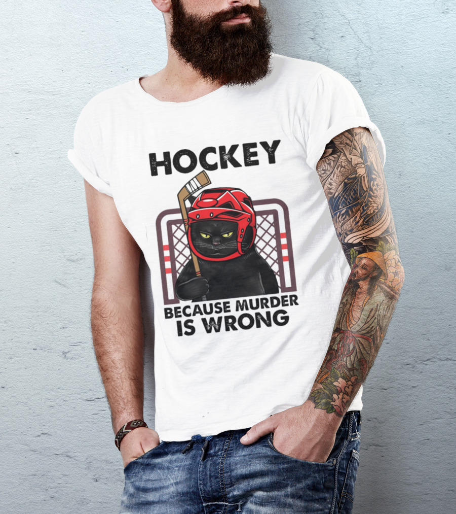 Hockey Cat In Red Helmet Because Murder Is Wrong T-Shirt
