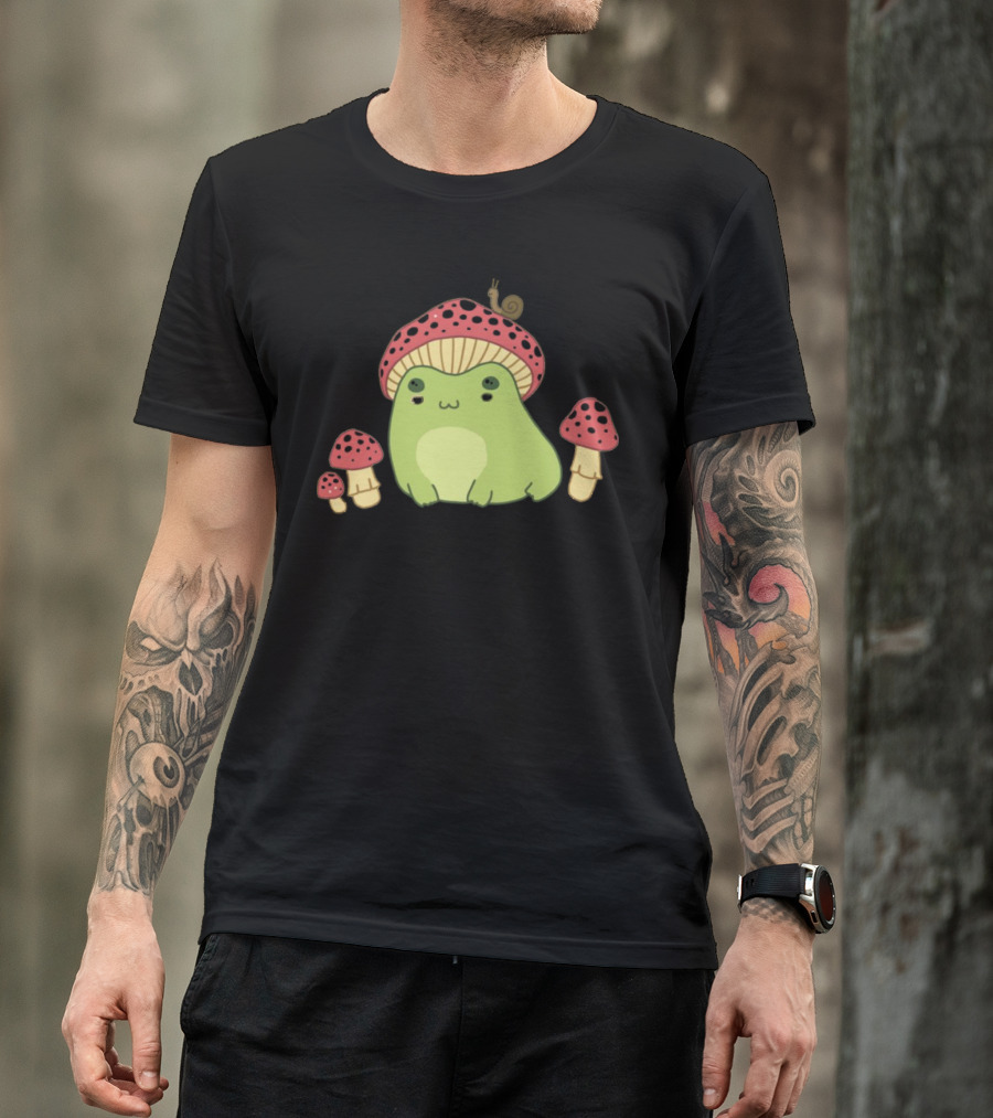 Kawaii Frog Wearing Mushroom Hat With Snail And Red Mushrooms T-Shirt