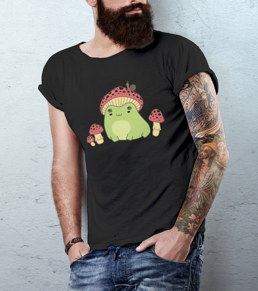 Kawaii Frog Wearing Mushroom Hat With Snail And Red Mushrooms T-Shirt
