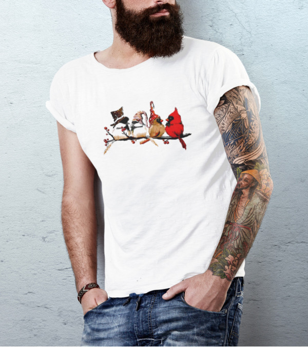 Cardinals Chickadees Christmas Birds On Branch With Festive Hats T-Shirt