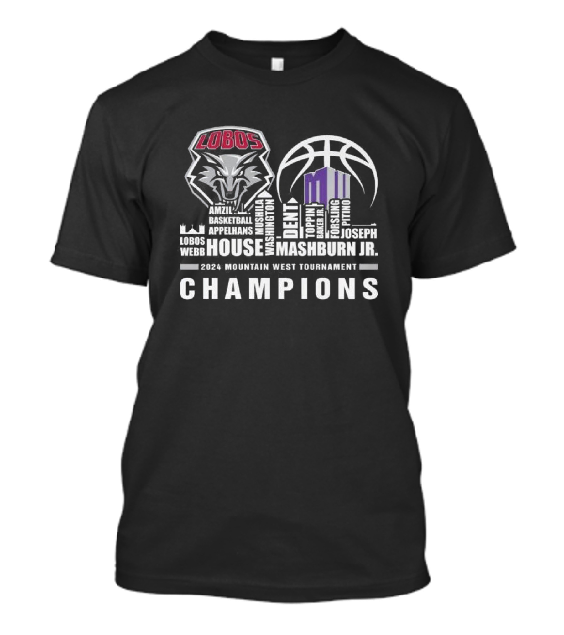 New Mexico Lobos Dent House Mashburn Jr. 2024 Mountain West Tournament Champions Basketball T-Shirt