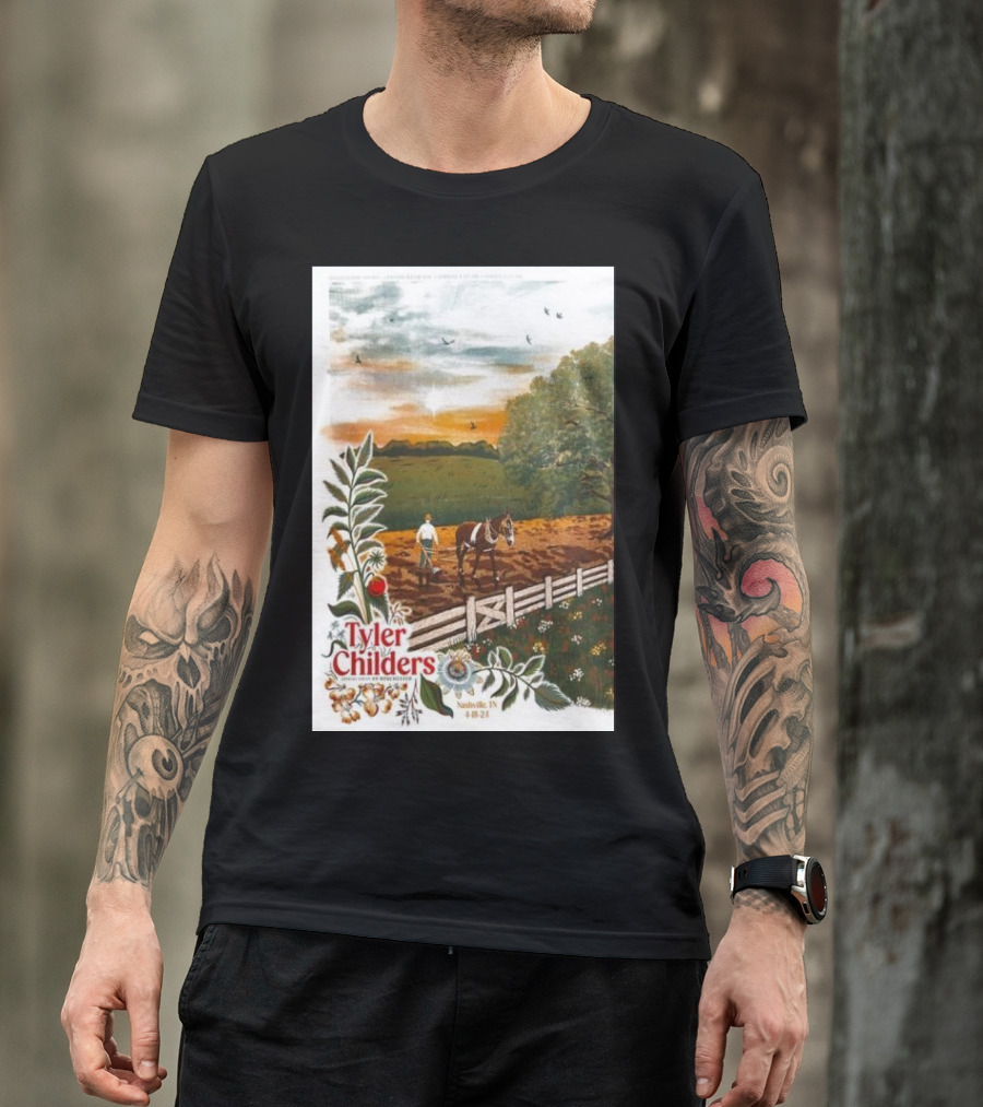 Tyler Childers Nashville TN 4 18 23 Horse Farm Scene With Flowers T-Shirt