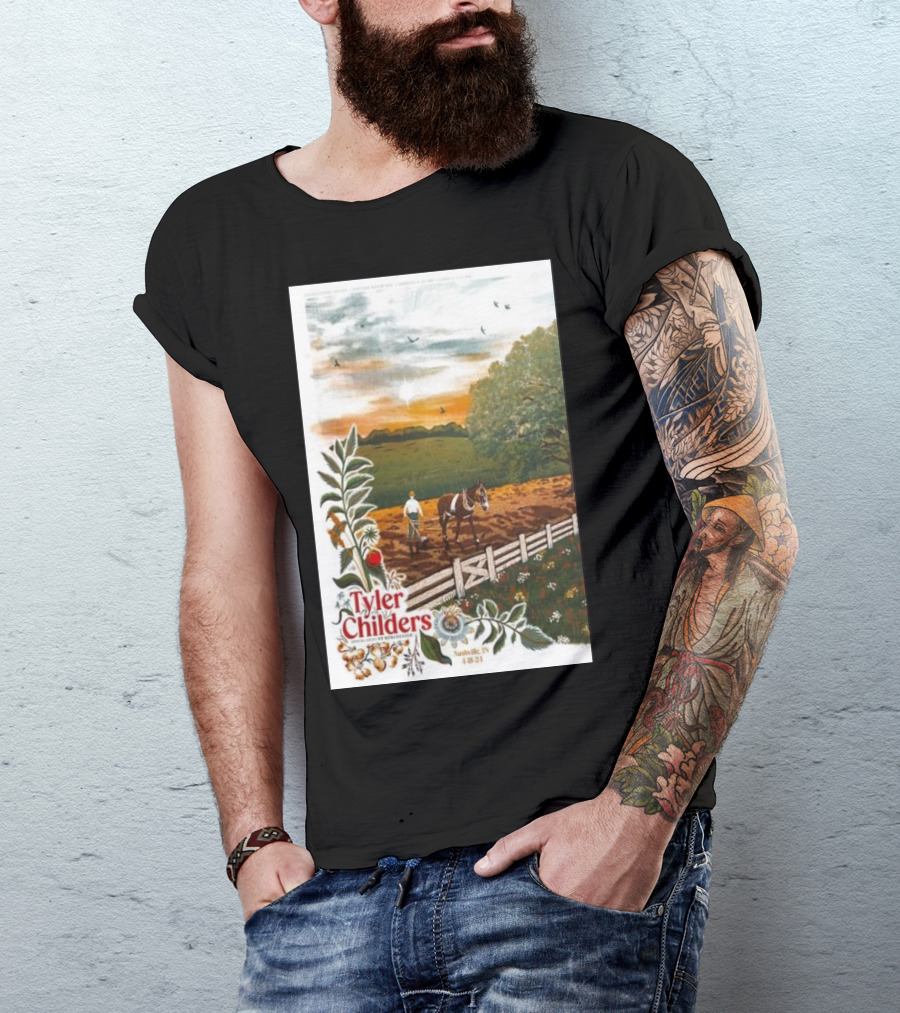 Tyler Childers Nashville TN 4 18 23 Horse Farm Scene With Flowers T-Shirt