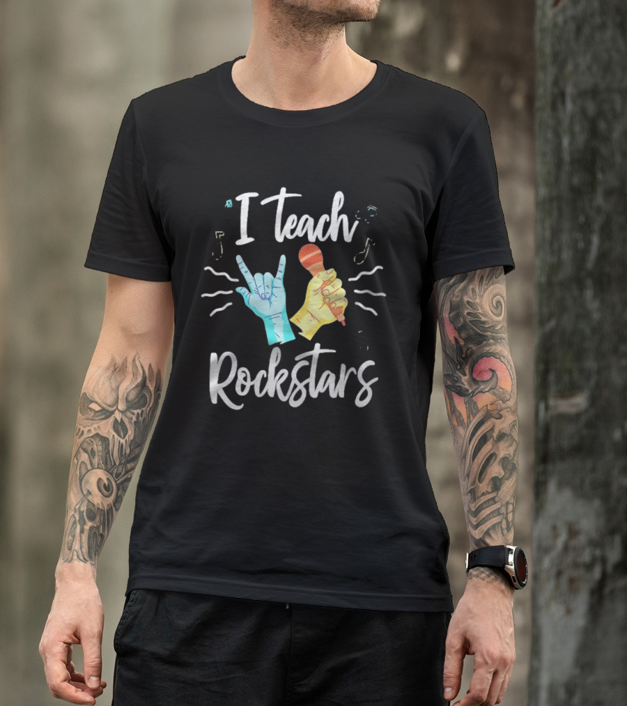 I Teach Rock Stars Music Teacher With Microphone And Rock Hand Gesture T-Shirt