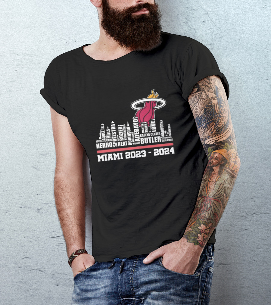 Miami Heat 2023-2024 Player Names With Iconic Flaming Basketball T-Shirt