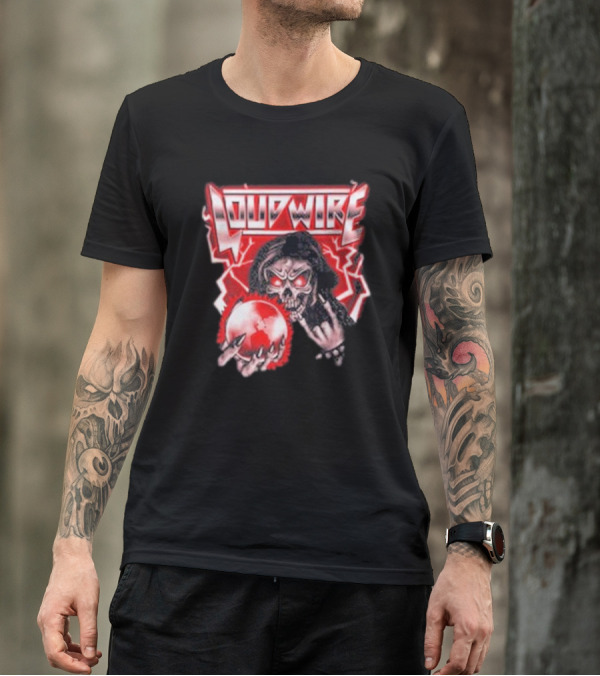 Loudwire 80s Metal Skull And Lightning Sphere Rock Hand T-Shirt