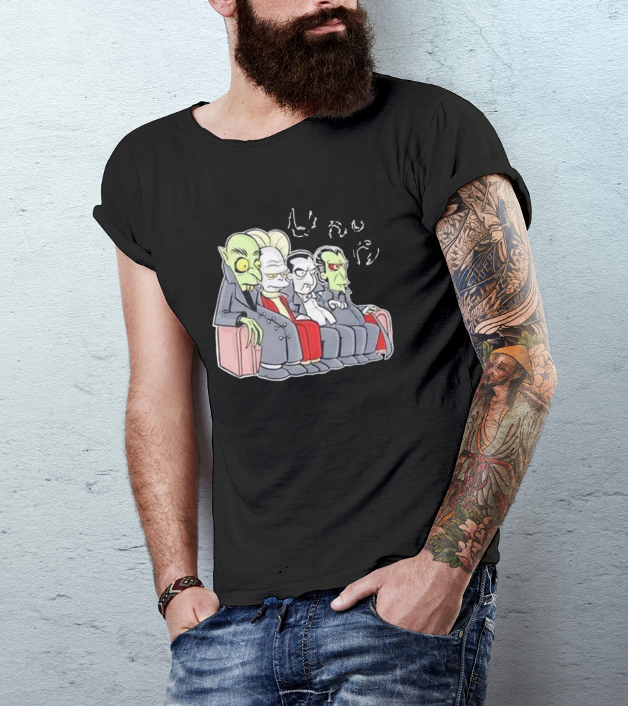 Various Versions Of Dracula Characters Sitting Together On A Couch T-Shirt