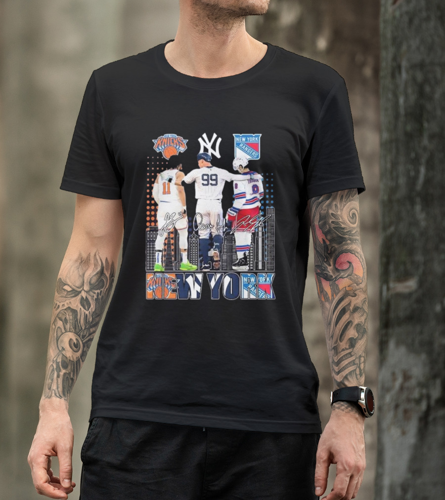 New York Knicks Jalen Brunson NY Yankees Aaron Judge NY Rangers Walt Tkaczuk City Signatures T-Shirt