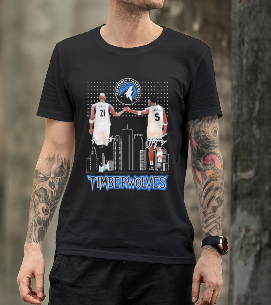 Minnesota Timberwolves Kevin Garnett Anthony Edwards Signatures City Skyline T-Shirt