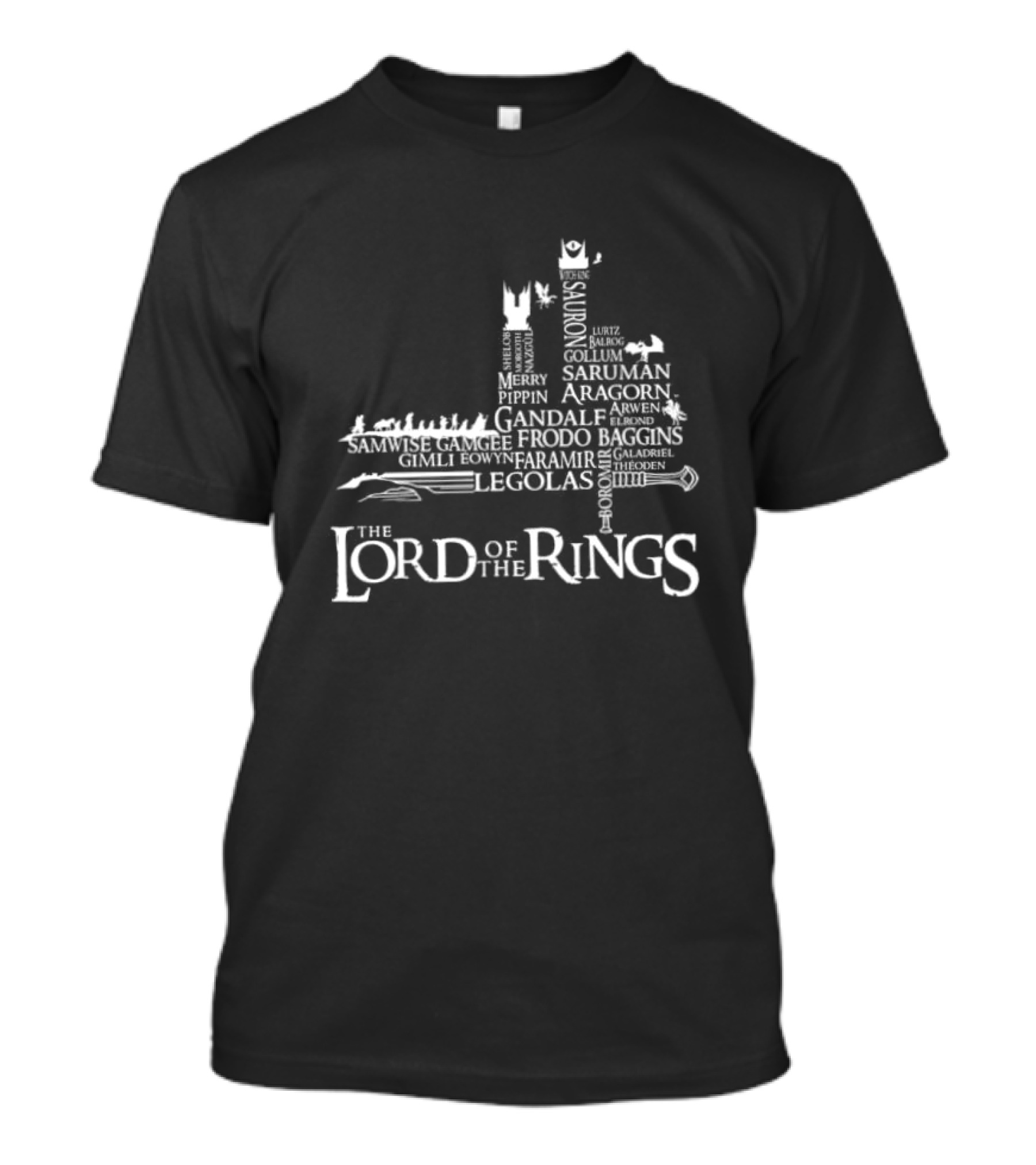 The Lord Of The Rings Frodo Samwise Gandalf Saruman Aragorn Merry Pippin Legolas Gollum Sauron Character Names T-Shirt