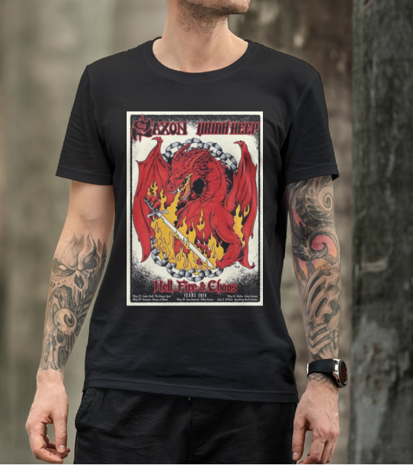 Saxon And Uriah Heep Hell Fire And Chaos Tour Texas 2024 With Dragon Sword Art In Cedar Park On May 27th T-Shirt