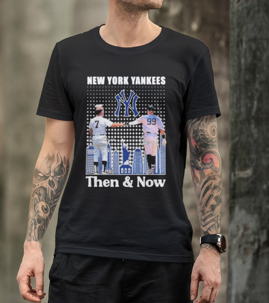 New York Yankees Then And Now Mickey Mantle 7 Aaron Judge 99 Signatures T-Shirt
