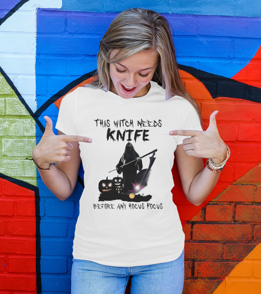 This Witch Needs Knife Before Any Hocus Pocus Halloween Pumpkins Dark Scene T-Shirt
