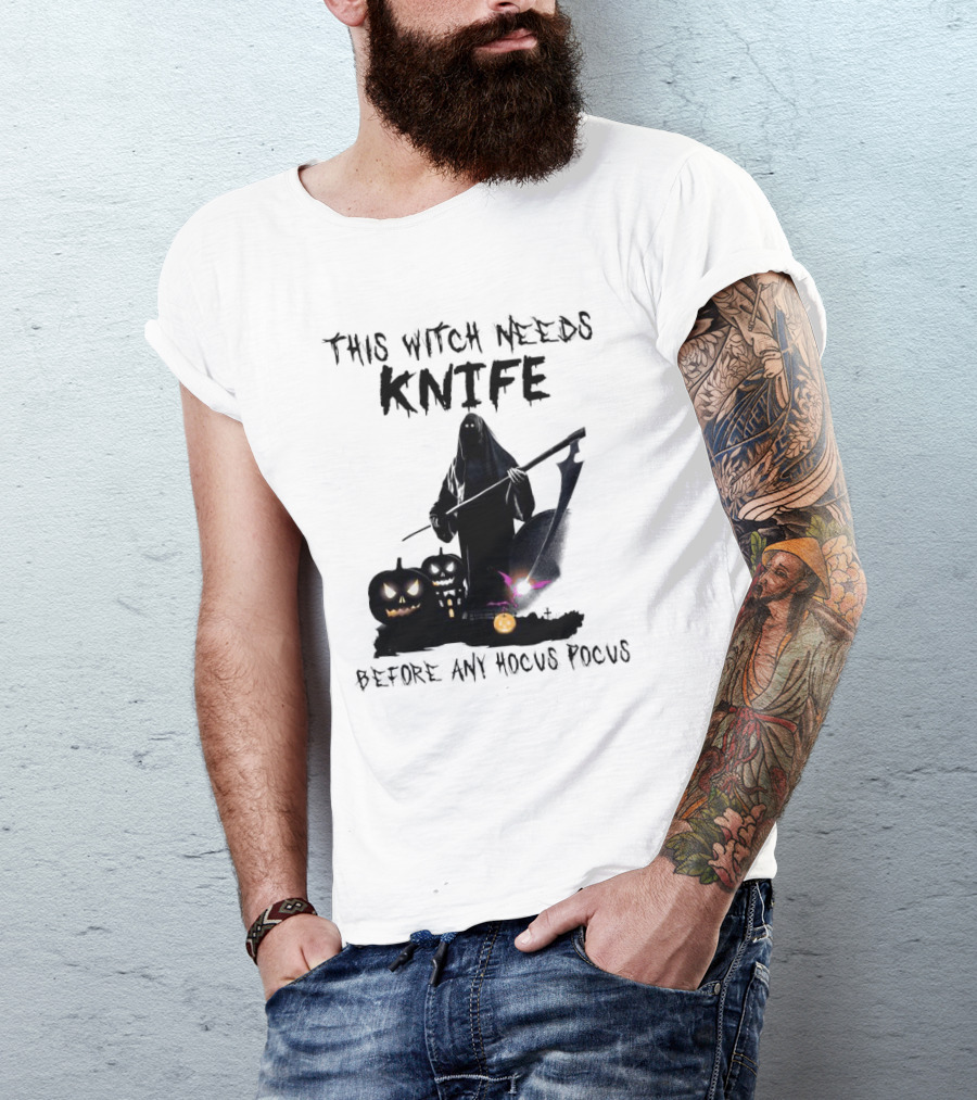 This Witch Needs Knife Before Any Hocus Pocus Halloween Pumpkins Dark Scene T-Shirt