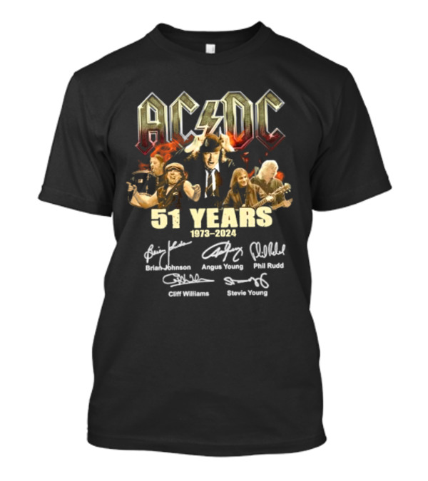 AC DC 51 Years 1973-2024 Signatures Brian Johnson Angus Young Phil Rudd Cliff Williams Stevie Young T-Shirt