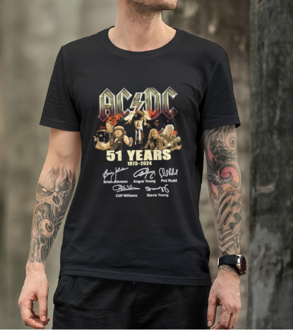 AC DC 51 Years 1973-2024 Signatures Brian Johnson Angus Young Phil Rudd Cliff Williams Stevie Young T-Shirt