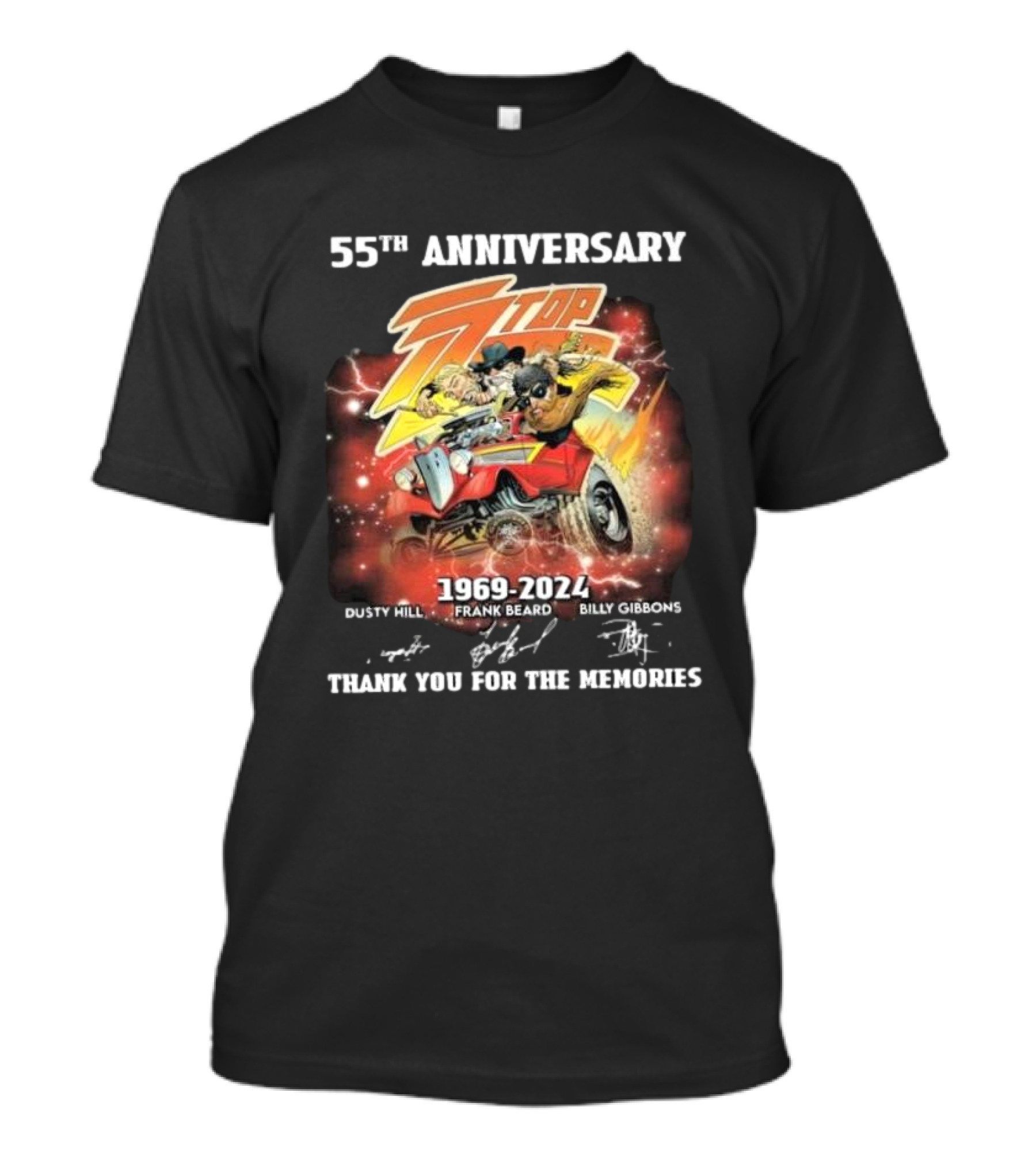 ZZ Top 55th Anniversary 1969-2024 Thank You For The Memories Dusty Hill Frank Beard Billy Gibbons Signatures T-Shirt