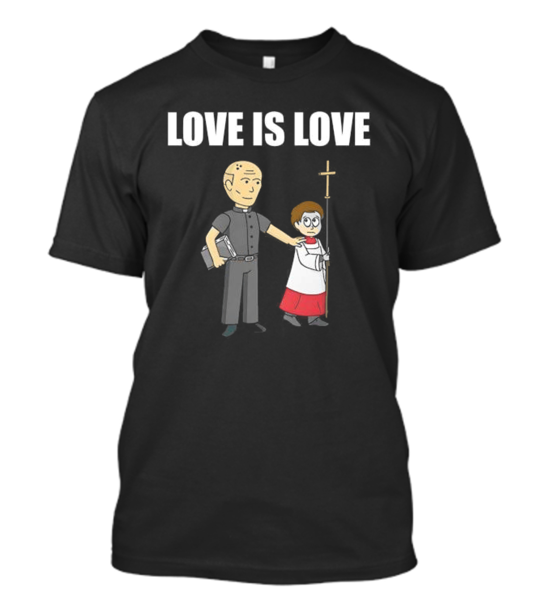Love Is Love Priest With Cartoon Clergyman And Child Holding Cross T-Shirt