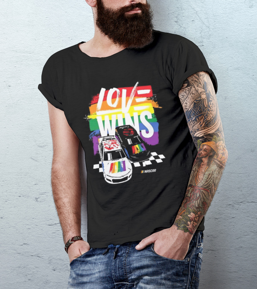 NASCAR Love Wins 2024 Checkered Flag Sports Black Rainbow Pride T-Shirt