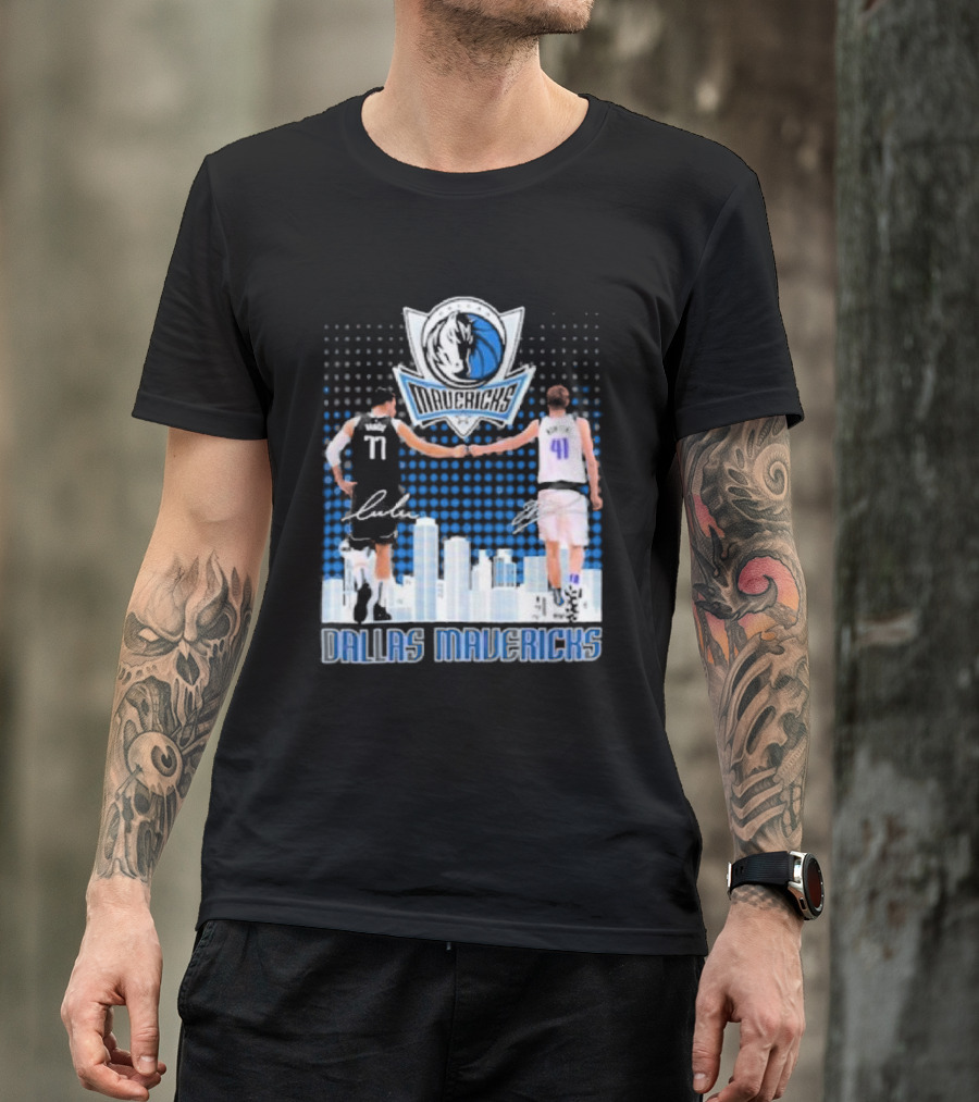 Dallas Mavericks Luka Doncic Dirk Nowitzki Handshake Signatures Skyline T-Shirt