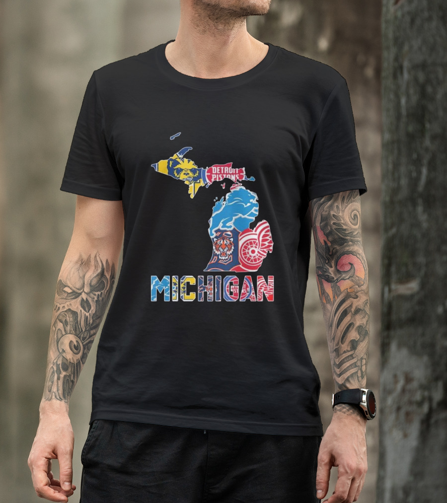 Michigan Lions Wolverines Tigers Pistons Red Wings Map T-Shirt
