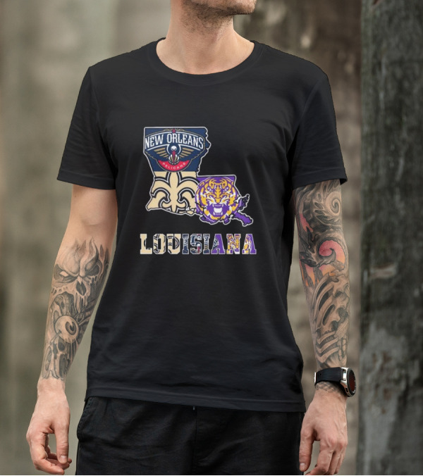 New Orleans Pelicans Tigers Saints Louisiana Map T-Shirt