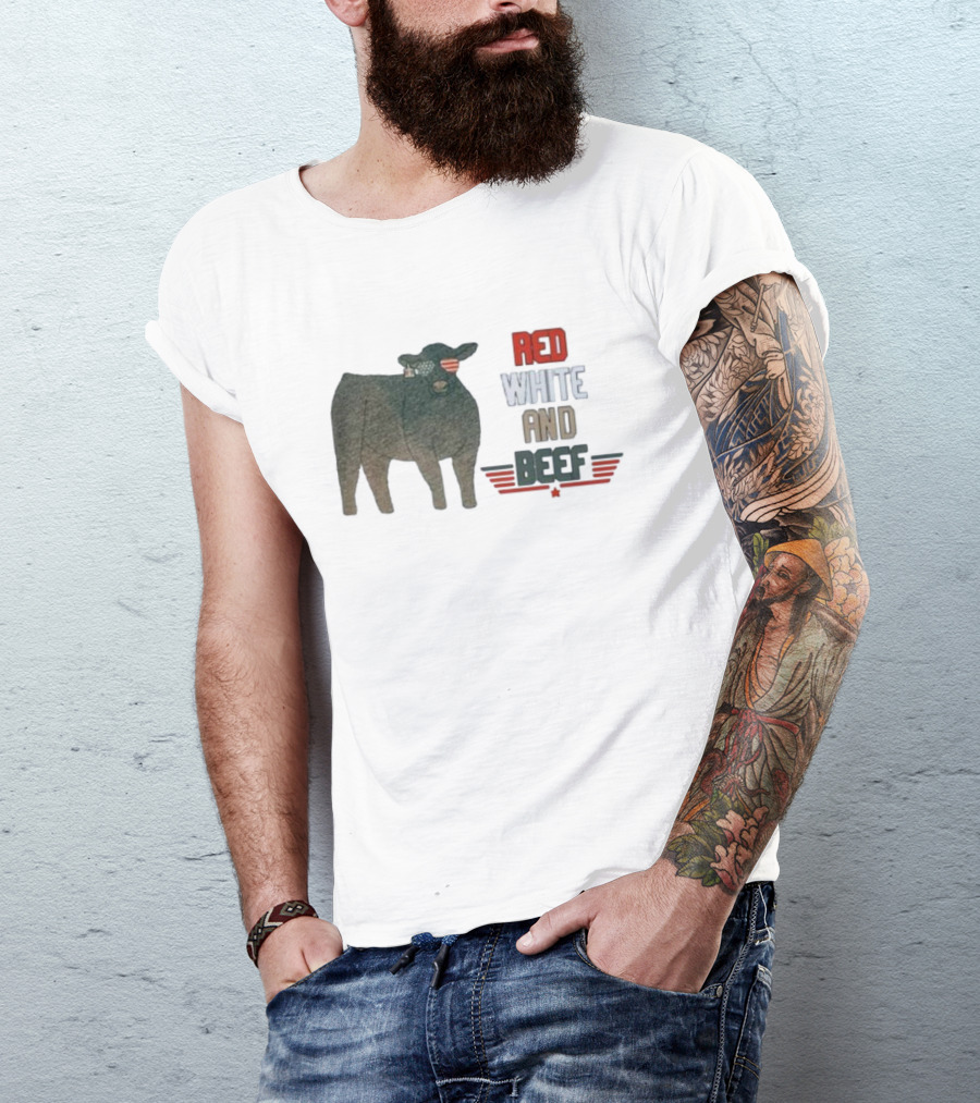 Red White And Beef American Cattle With Patriotic Sunglasses T-Shirt